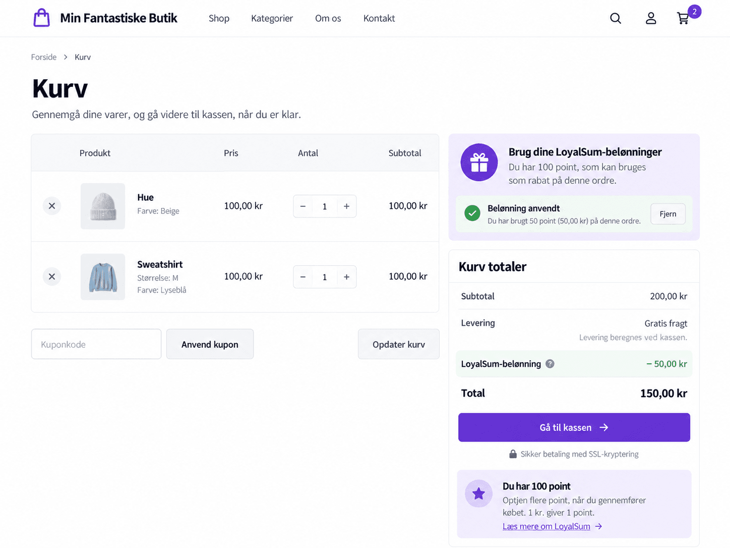 Illustration af en WooCommerce-kurv, hvor en LoyalSum-belønning på 50 kr. er trukket fra totalen