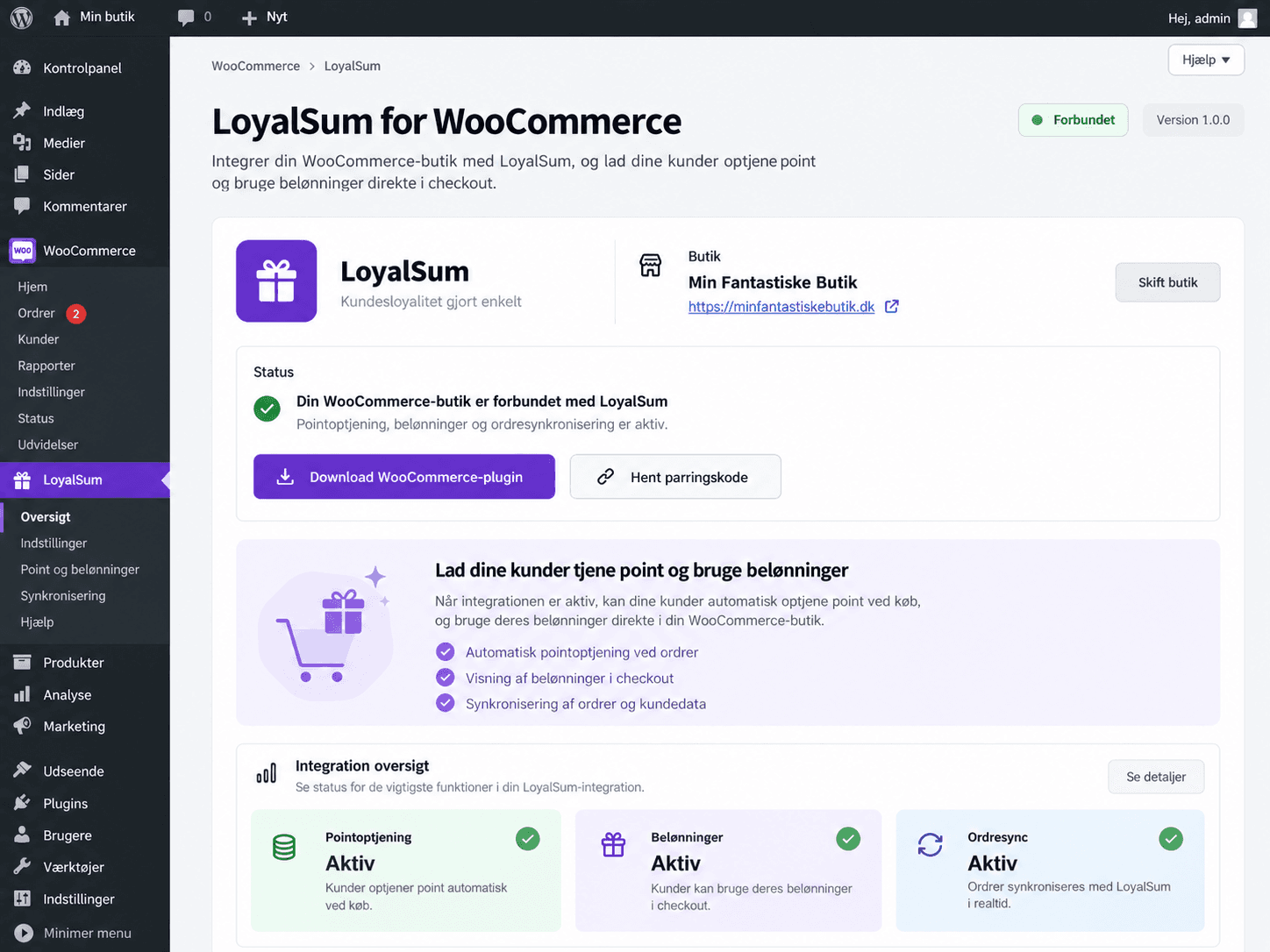Illustration af LoyalSum for WooCommerce i WordPress-administrationen med status Forbundet