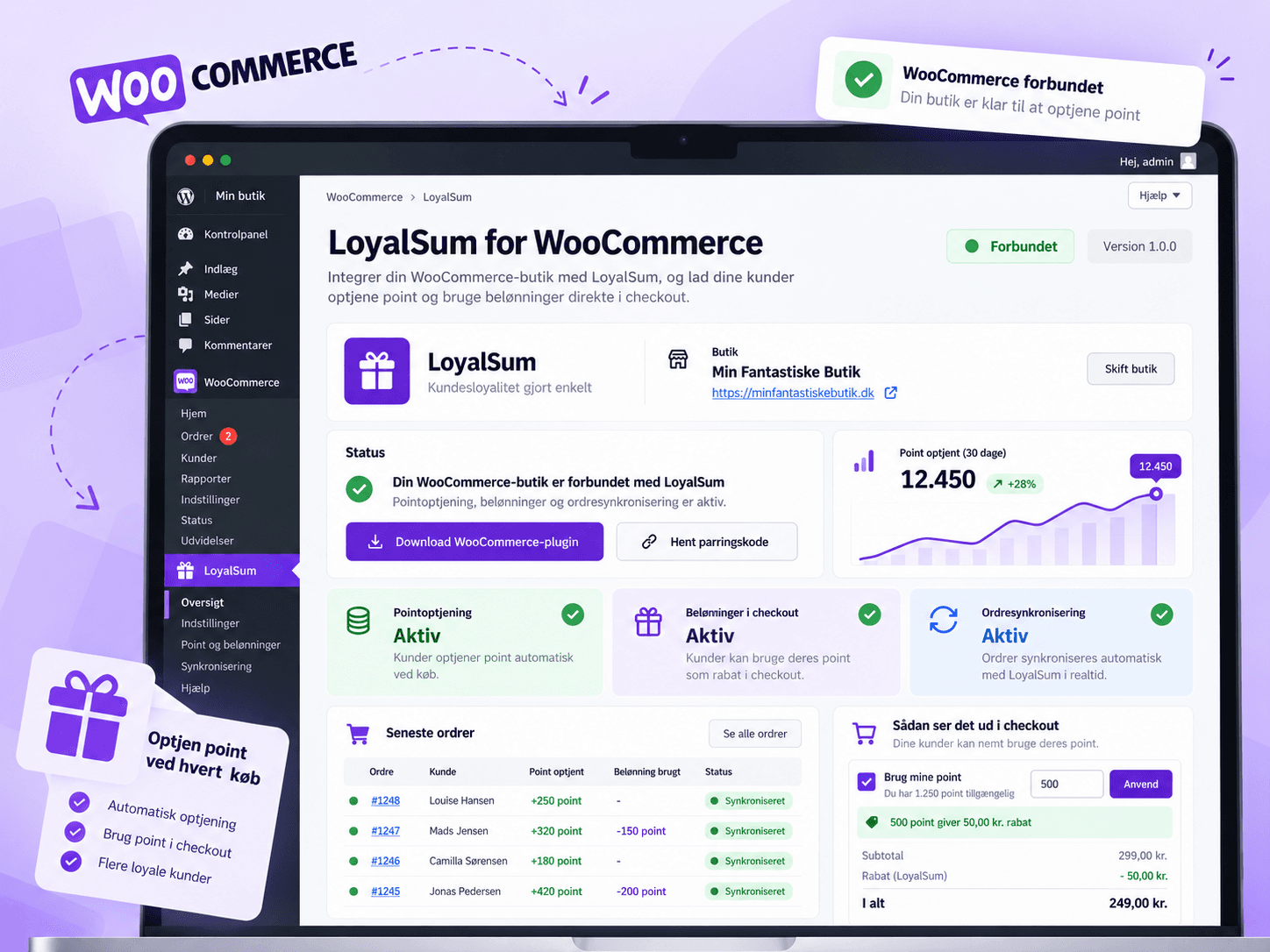 Illustration: bærbar computer med LoyalSum for WooCommerce i WordPress — webshoppen er forbundet med LoyalSum, og kunderne optjener og bruger point